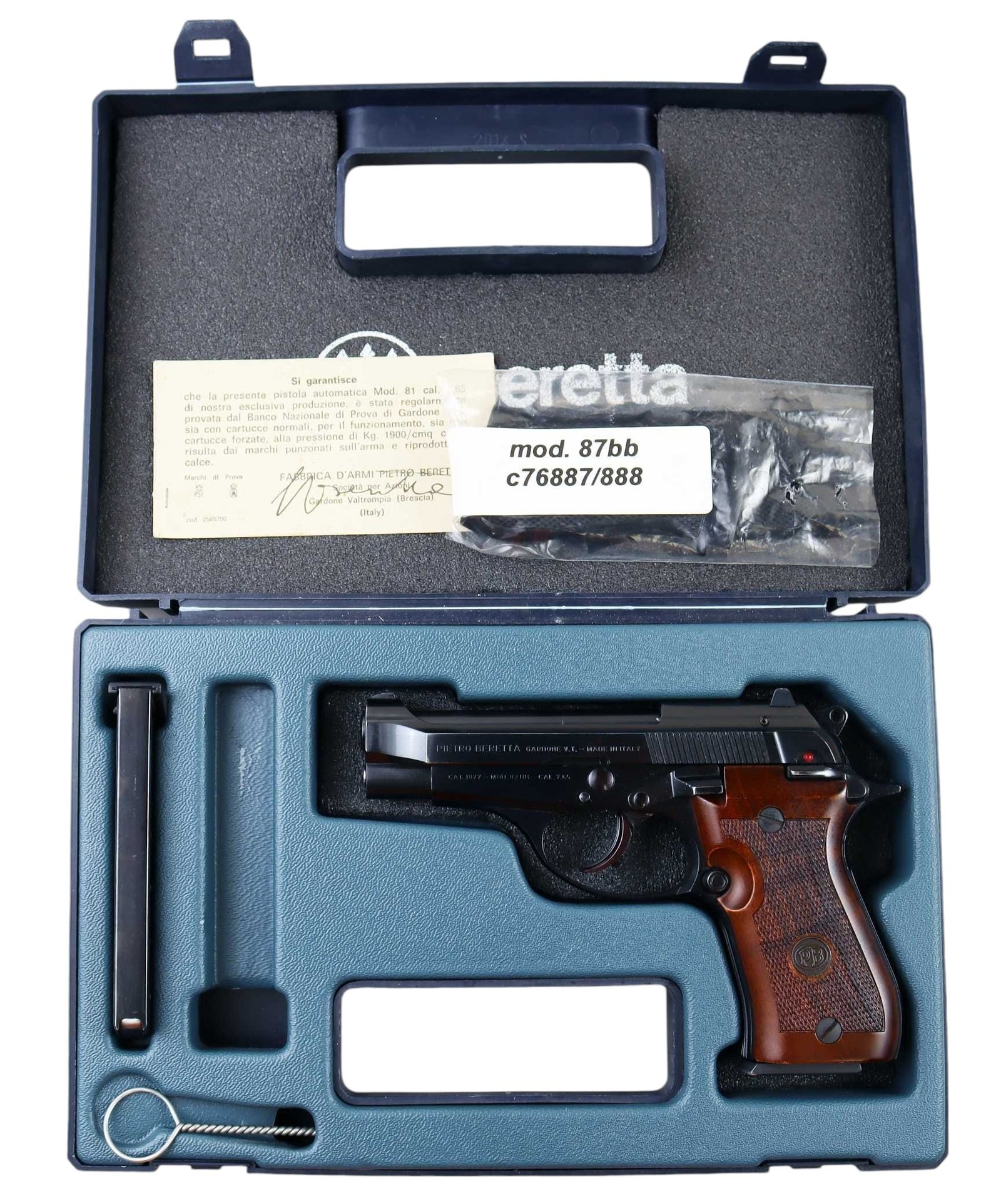 Pistolet Beretta Mod. 82BB kaliber 7,65 mm, model z 1984 roku, z dwoma zestawami okładzin i certyfikatem.