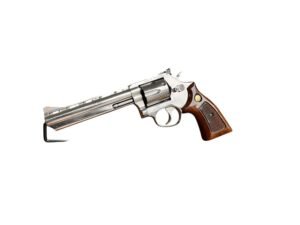 6-strzałowy rewolwer Taurus 627 w kalibrze .357 Magnum z drewnianymi okładzinami.