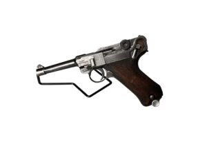 Historyczny pistolet Mauser P08 S/42 z widocznymi oznaczeniami.