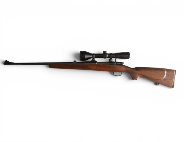 Karabin powtarzalny Suhler Jagdhütte w kalibrze .30-06 z zamontowaną lunetą myśliwską BSA.
