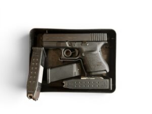 Kompaktowy pistolet Glock 29 w kalibrze 10mm Auto z przyrządami Trijicon.