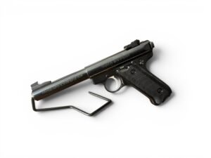 Pistolet Ruger Mark II Target w kalibrze .22lr z grubą, sportową lufą typu bull barrel.