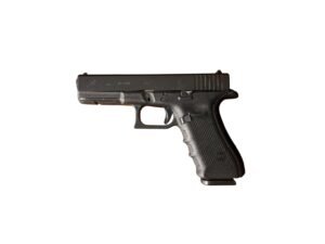 Pistolet samopowtarzalny Glock 17 Generacji 4 w kalibrze 9x19mm, polimerowy szkielet, widoczne lekkie przerysowanie na górze zamka. Tytuł zdjęcia: Glock-17-Gen-4-Pistolet-9x19mm Podpis: Glock 17 Gen 4 – niezawodność, której ufają profesjonaliści. Opis do zdjęcia: Używany pistolet Glock 17 Gen 4 w kalibrze 9x19mm, stan dobry +, dostępny od ręki w naszym sklepie w Borowej.