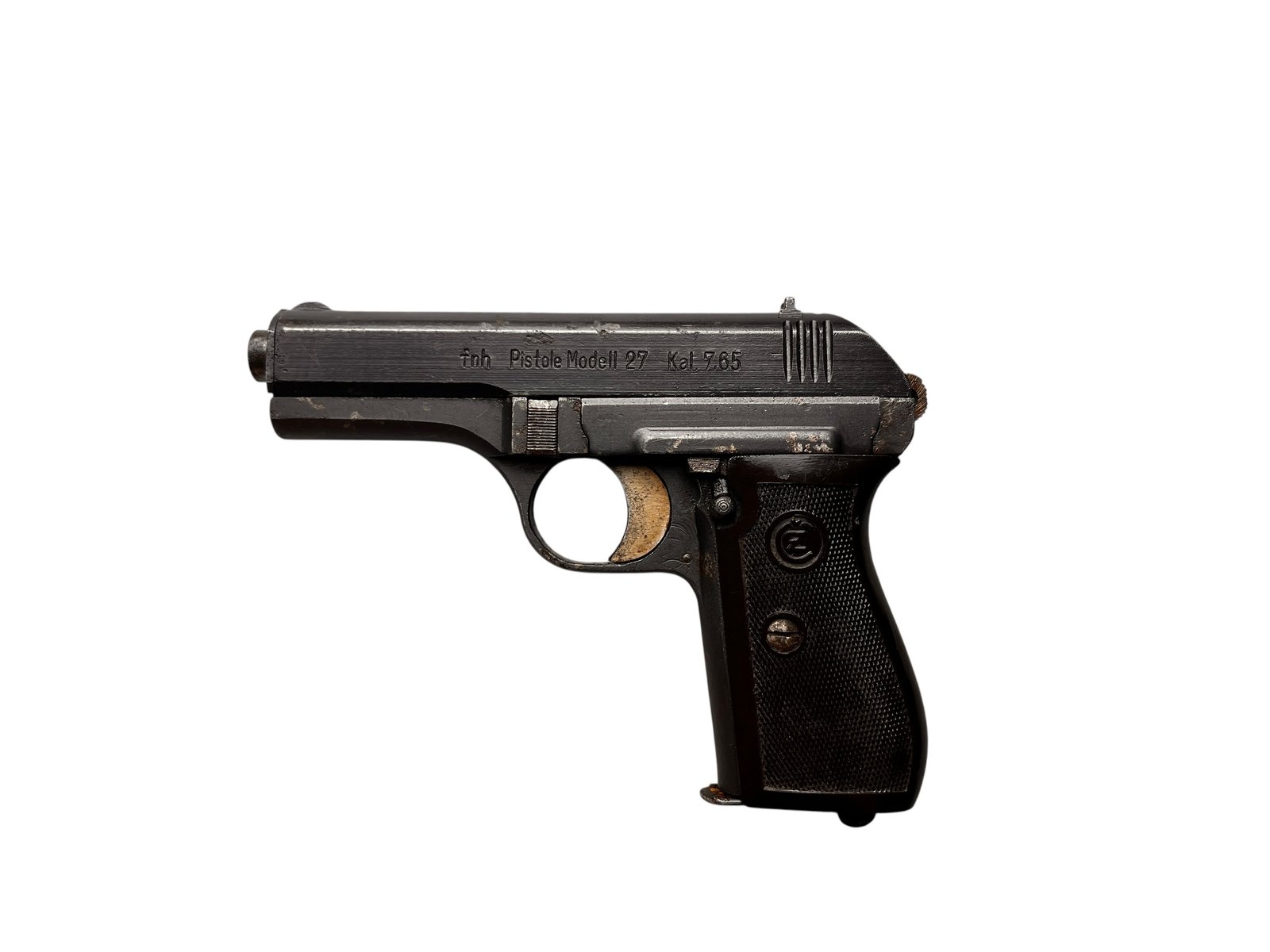 Historyczny pistolet CZ 27 z kodem producenta fnh i biciami wojskowymi WaA76, kaliber 7,65 mm Browning.