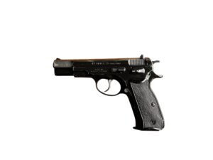 Klasyczny pistolet samopowtarzalny CZ 75 w kalibrze 9x19 mm z widocznymi śladami użytkowania i częściowo polerowanym zamkiem. Tytuł zdjęcia: CZ-75-Pistolet-9x19mm-Uzywany Podpis: CZ 75 – legenda, która mimo śladów czasu wciąż zachwyca ergonomią. Opis do zdjęcia: Używany pistolet CZ 75 w stanie użytkowym (widoczne rysy na oksydzie, polerowany zamek), kaliber 9x19 mm, dostępny od ręki w naszym sklepie w Borowej. Idealny dla osób szukających broni z charakterem.