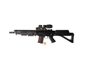 Karabin samopowtarzalny SIG SG 551-1 SP SWAT w kalibrze .223 Rem z zamontowanym celownikiem EOTech i powiększalnikiem.