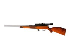 Klasyczny karabin samopowtarzalny Voere Kufstein w kalibrze .22lr z drewnianą osadą i zamontowaną lunetą Anschutz 4x.