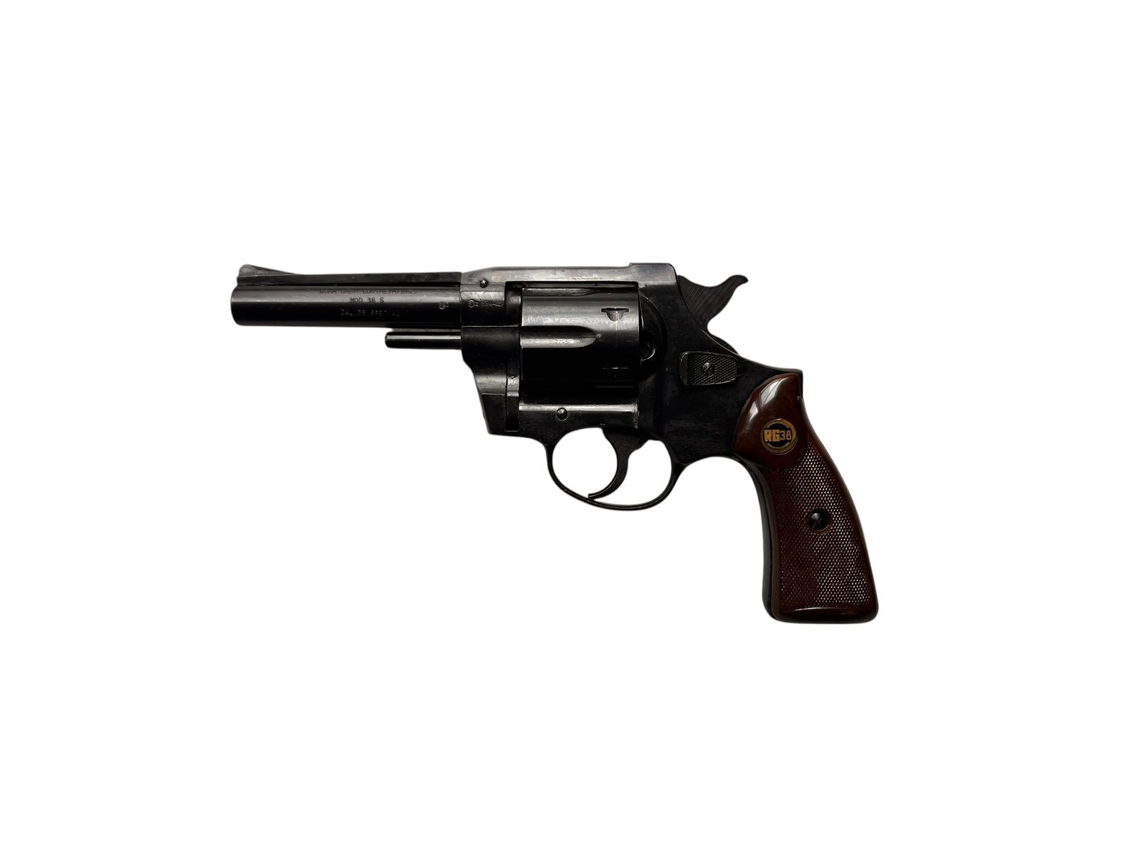 Niemiecki rewolwer Röhm 38 S w kalibrze .38 Special z czarnymi okładzinami chwytu.